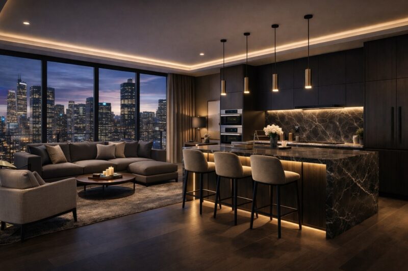 Jasno definisanje zona kuhinje i dnevnog boravka bez pregradnih zidova