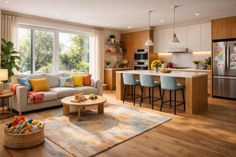 Svetao i luksuzan open-space dnevni boravak i kuhinja sa velikim panoramskim prozorima, modernim nameštajem u neutralnim tonovima, kuhinjskim ostrvom od mermera i toplim drvenim podom, okupani prirodnim dnevnim svetlom