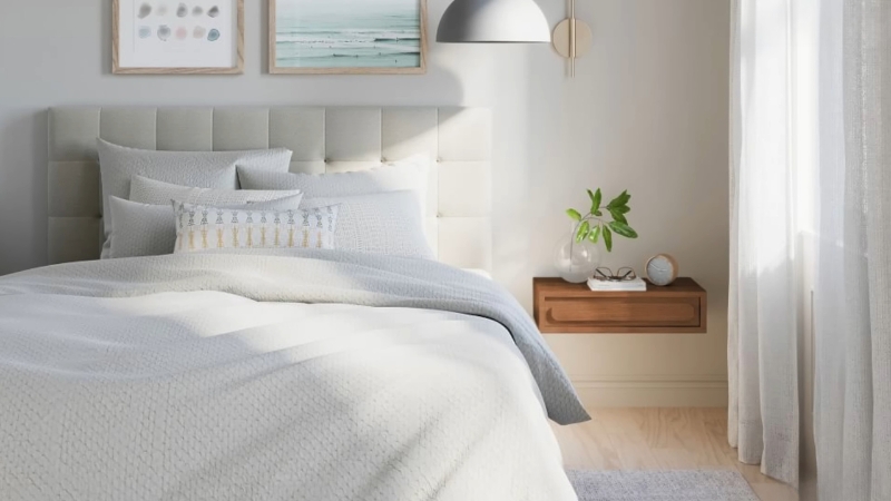 Mala svetla spavaća soba sa tapaciranim uzglavljem, lebdećom noćnom policom i neutralnim tonovima