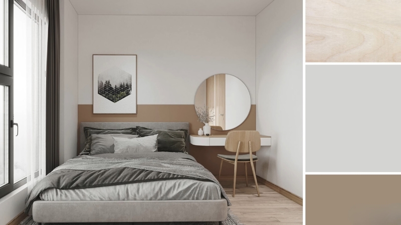 Mala spavaća soba u bež i sivim tonovima sa svetlim drvetom i radnim stolom