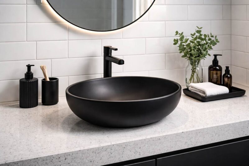 Crni lavabo iza kojeg su bele plocice