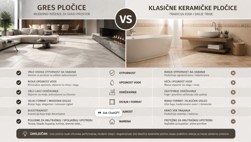 Infografik koji prikazuje poređenje gres pločica i klasičnih keramičkih pločica kroz otpornost, upojnost vode, održavanje, dizajn i trajnost