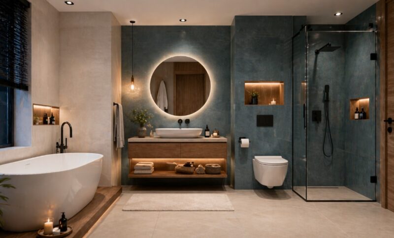 Prostrano kupatilo sa samostojećom kadom, drvenim ormarićem, okruglim LED ogledalom i walk-in tuš kabinom sa plavo-zelenim pločicama