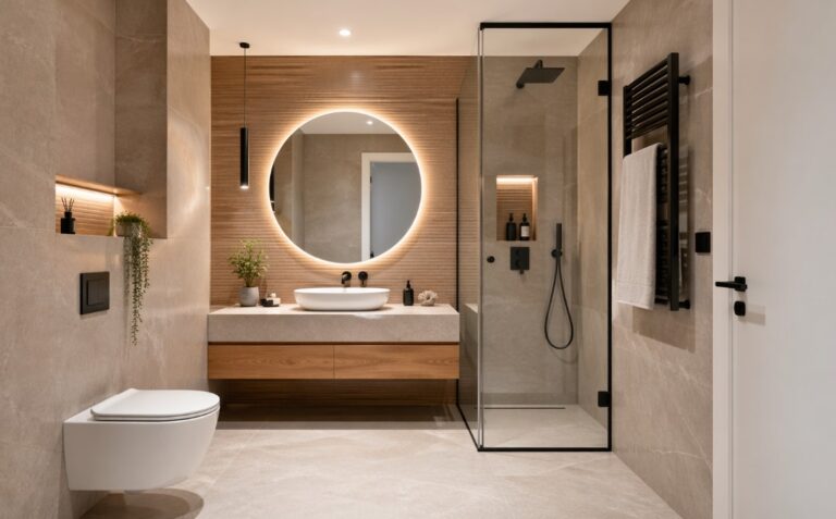 Moderno kupatilo sa visećim ormarićem, okruglim LED ogledalom, walk-in tuš kabinom sa staklom i neutralnim keramičkim pločicama