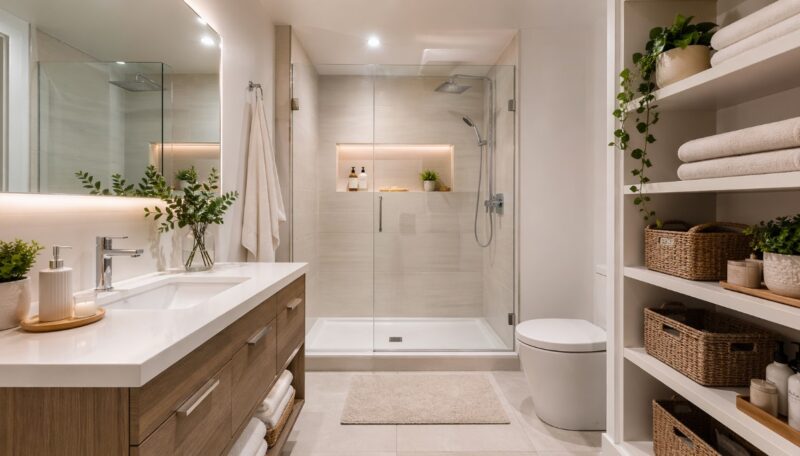 Minimalističko kupatilo sa tuš kabinom, drvenim ormarićem, ogledalom sa osvetljenjem i uredno složenim peškirima na policama