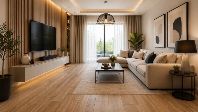 Uređen moderan dnevni boravak sa podnim pločicama u imitaciji drveta, bež ugaonom garniturom, TV zidom sa drvenim panelima i velikim prozorom