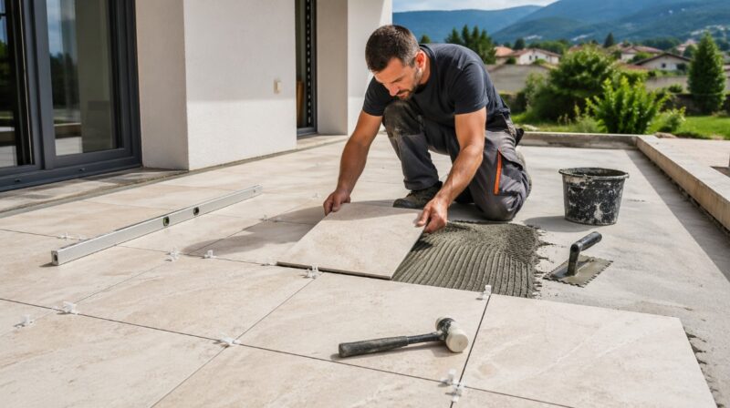 Majstor postavlja svetle pločice imitacije kamena na spoljnoj terasi koristeći lepak i nivelatore