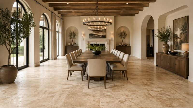 Prostrana trpezarija sa velikim drvenim stolom, visokim plafonima i podom od pločica u imitaciji travertina, osvetljena prirodnim svetlom kroz velike prozore