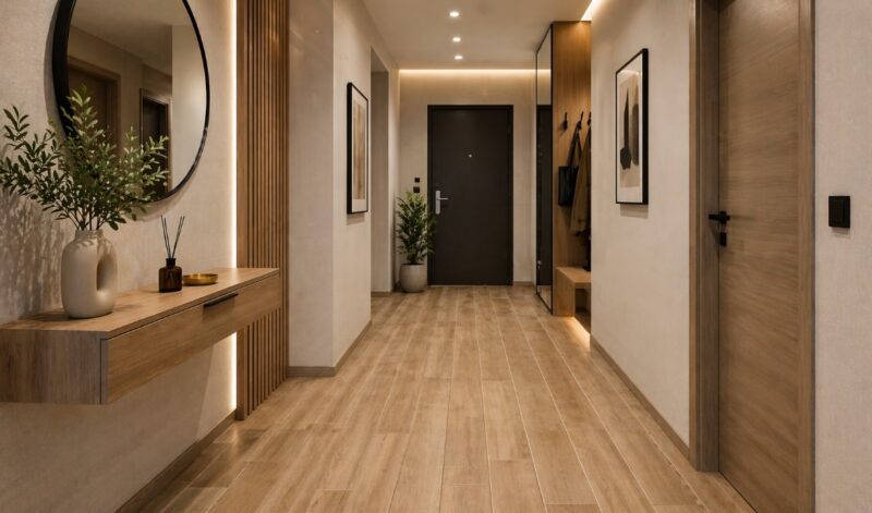 Savremeno uređen hodnik sa podom od pločica u imitaciji drveta, zidnim ogledalom, konzolnim stolom i toplim ambijentalnim osvetljenjem