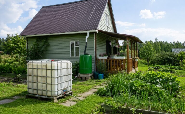 Vikendica na selu sa rezervoarima za vodu i sistemom za sakupljanje kišnice, pored bašte i travnjaka
