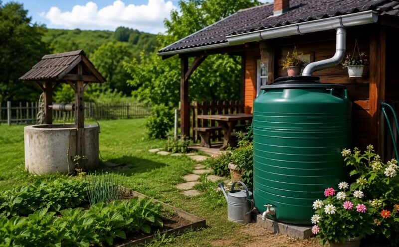 Vikendica sa bunarom i rezervoarom povezanim sa olucima za sakupljanje kišnice, pored uređene bašte.